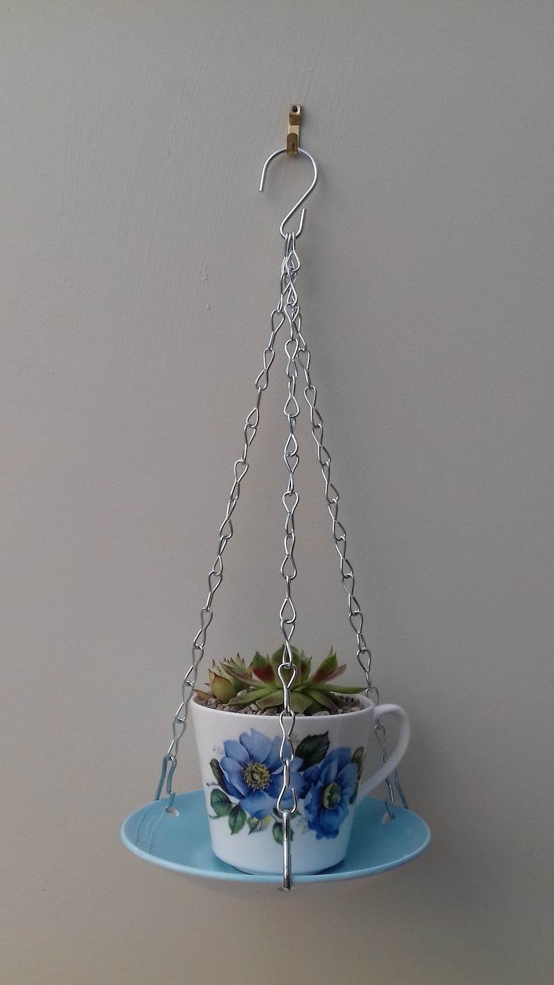Made from vintage 60/'s tea cup and Meakin saucer Lovely ceramic indoor or outdoor tea cup hanging basketplanter