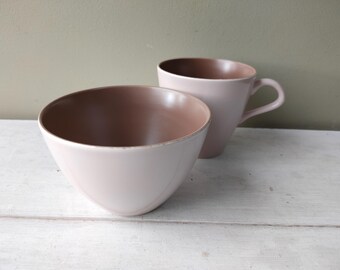 Vintage 1950's Poole Pottery Twintone sugar bowl and teacup. Mushroom and Sepia (C54) colours, mid century shape, lovely gift!
