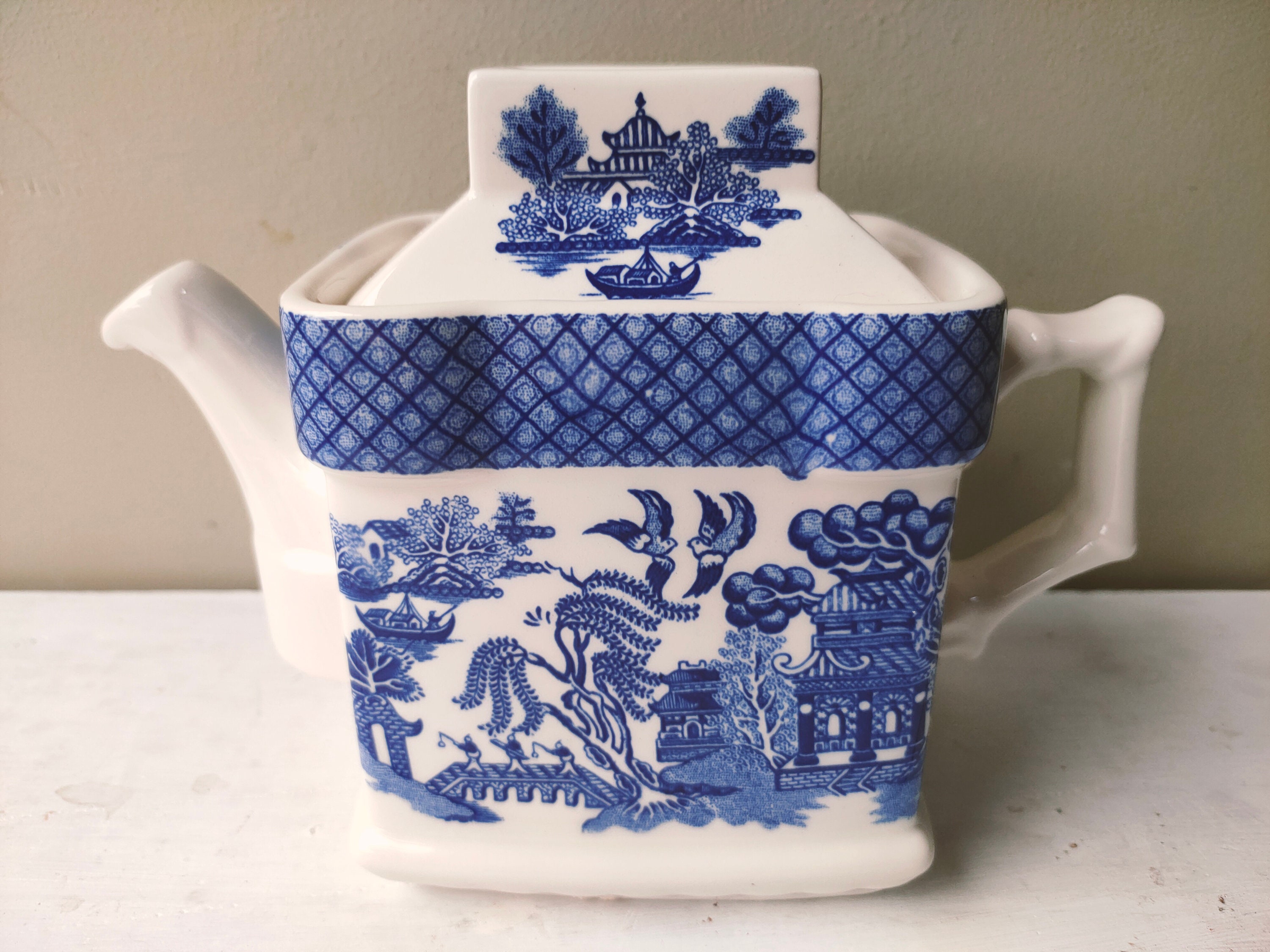 Spode Two Temples Pattern Blue Transferware Teapot Circa