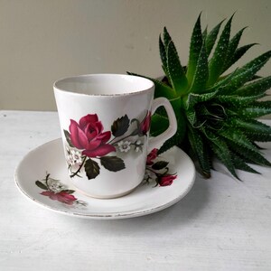 Può includere: Servizio da tè bianco con tazza e piattino decorati con un motivo floreale di rose rosse. La tazza ha un manico e poggia su un piattino abbinato. Una pianta verde è sullo sfondo, su una superficie bianca.