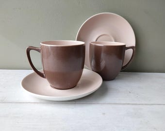 Vintage pair of 2 1950's Branksome China Twintone teacups and saucers. Mocha Brown and Dusty Pink, mid century shape, lovely gift!