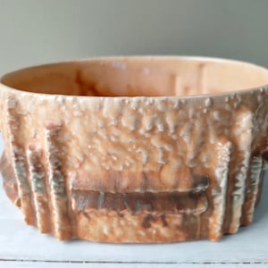 Puede incluir: Una maceta de cerámica con una superficie texturizada y una forma ovalada ancha. La maceta presenta un color melocotón claro con acentos marrones oscuros y diseños rectangulares verticales alrededor de los lados. El borde es liso y la estética general es rústica.