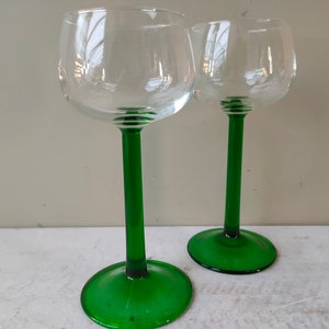 Gorgeous pair of vintage French drinking/wine glasses with green stems. Made in France. Perfect for dessert wine/ cocktails. Perfect gift.