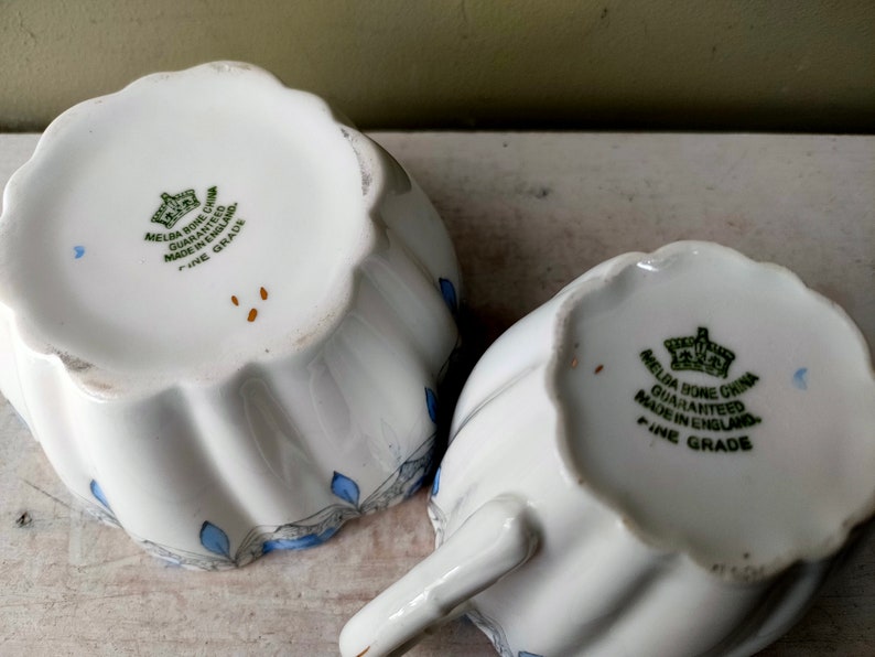 Lovely hand painted sugar bowl and creamer/milk jug by Mayer & Sherratt Melba Bone China. Blue Floral pattern and gold detail. Lovely gift image 2