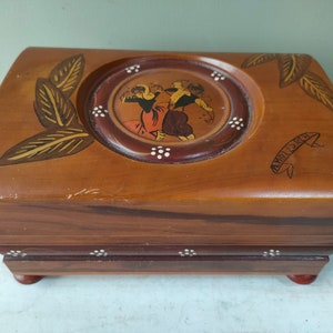 Beautiful hand painted wooden cigarette music box. Musical casket/ trinket box with painted dancer panel by R. Mallorcha. Lovely gift.
