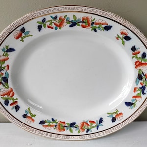 以下が含まれることがあります： 金と赤の縁取りと青、赤、緑の花柄が施された白い楕円形のサービングプレートです。