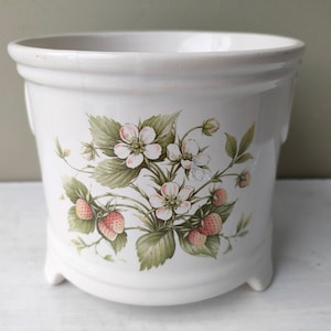 May include: White ceramic planter with a floral design featuring pink and white flowers and green leaves. The design includes strawberries with red and green accents.