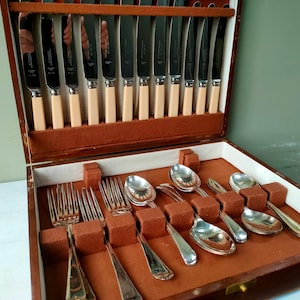 Könnte beinhalten: Ein Vintage-Besteckset in einem Holzkoffer. Das Set enthält Messer mit cremefarbenen Griffen, Gabeln und Löffel. Der Koffer ist mit braunem Filz ausgekleidet und hat eine dunkelbraune Außenseite.