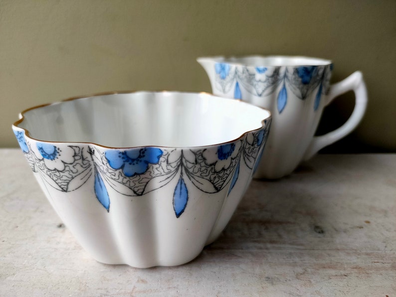 Lovely hand painted sugar bowl and creamer/milk jug by Mayer & Sherratt Melba Bone China. Blue Floral pattern and gold detail. Lovely gift image 4
