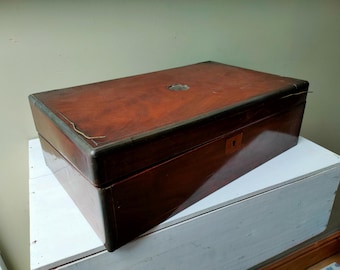 Large Antique 15 1/2" writing slope for restoration. Wooden box with metal banding. Stationery Cabinet, Jewellery, keepsake or trinket box.