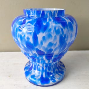 Gorgeous Art Deco Bohemian Cased art glass Vase by Franz Welz. Bright blue spatter glass urn shaped candle holders or posy vase. Lovely gift