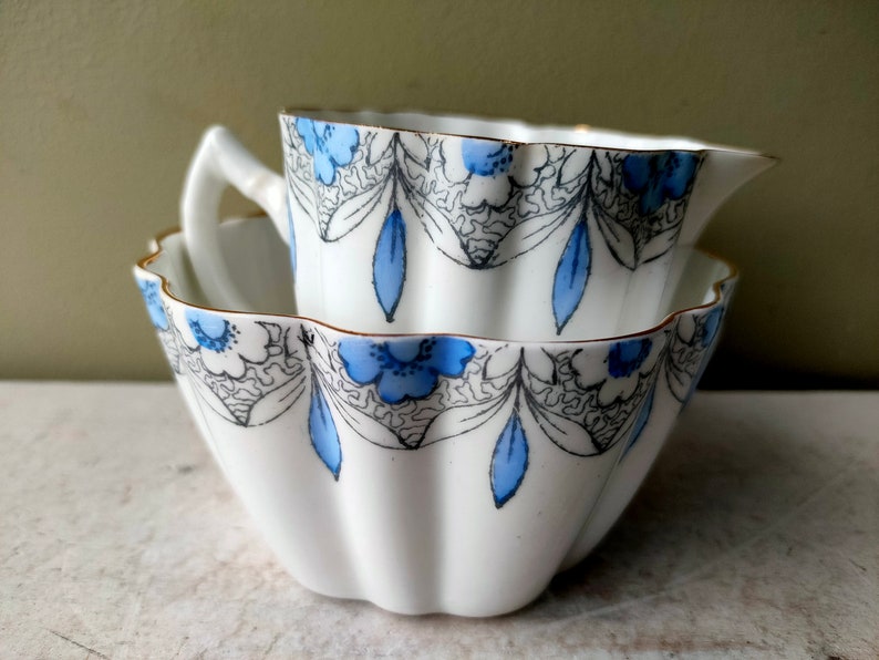 Lovely hand painted sugar bowl and creamer/milk jug by Mayer & Sherratt Melba Bone China. Blue Floral pattern and gold detail. Lovely gift image 6