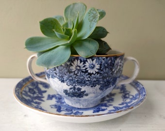 Belle jardinière en tasse de thé en céramique. Fabriquée à partir d'une tasse à double anse Royal Doulton et d'une soucoupe en porcelaine dorique bleu de Birmanie et blanc. Beau cadeau