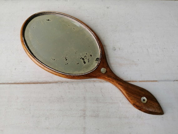 Antique Wooden Hand Mirror With Mother, Antique Wooden Hand Mirrors