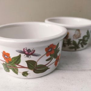 Paar Portmeirion Keramik Botanic Garden Ramekin Schalen / Hors d'oeuvre Schalen. Scharlachroter Pimpernel nach dem Muster des Filzfilzes. Ofen zu Tisch.