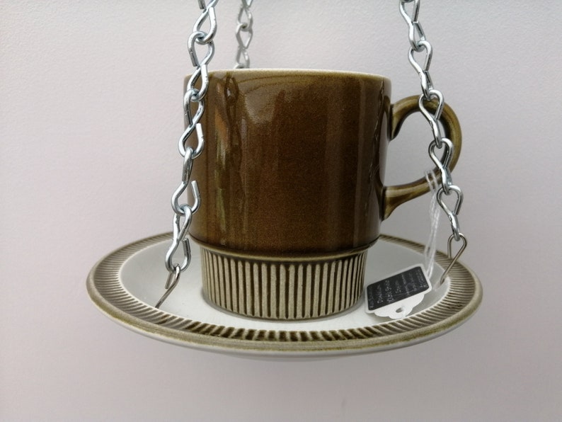 Made from vintage Poole Pottery Compact Choisya tea cup and saucer. Lovely ceramic indoor or outdoor tea cup hanging basketplanter