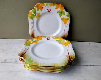 Lovely set of 6 A. B. Jones Grafton China art deco 6 1/2" side/sandwich plates with hand painted autumn pattern 5554 in yellow and green.