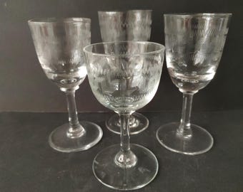 Gorgeous set of 4 vintage port or sherry glasses with Greek key pattern. Edwardian glassware. Lovely gift.