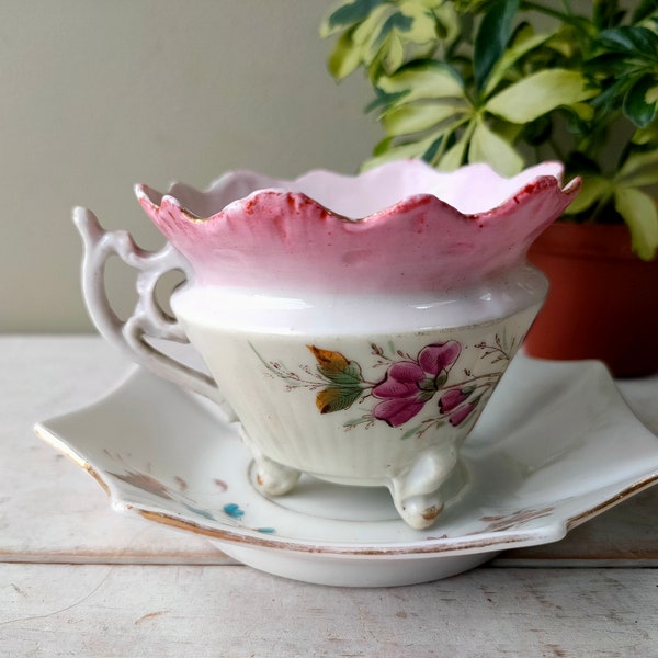 Gorgeous antique teacup planter made from hand painted footed cup & octagonal saucer. Perfect ceramic indoor planter for Cactus/house plant.