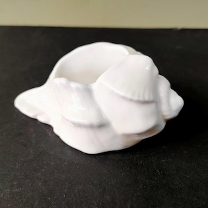 May include: A white ceramic seashell-shaped decorative bowl. The bowl has a glossy finish and is designed to resemble a conch shell. The bowl is placed on a dark surface.