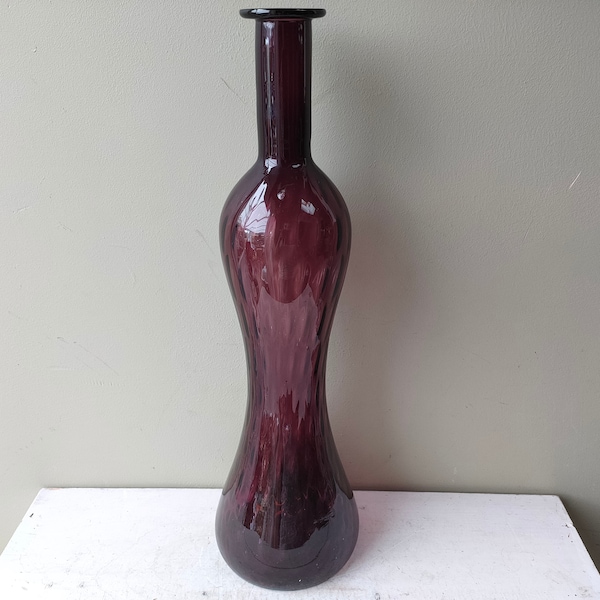 Beautiful huge vintage amethyst/purple glass Italian Empoli Genie bottle/decanter. Rare Hour glass shape, interior design. Lovely gift.