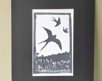 Original lino cut print of flying swallows over a corn field in black and white. "Summer Swallows". Professionally mounted. Lovely gift!