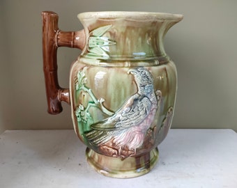 Beautiful Large Antique Thomas Forester majolica pitcher/jug circa 1890. Hand painted Eagle design. Would make lovely vase, excellent gift.
