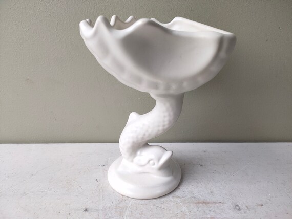 Stunning Vintage white Italian pedestal compote dish/vase/planter with fish/dolphin and shell design Perfect for wedding decor.