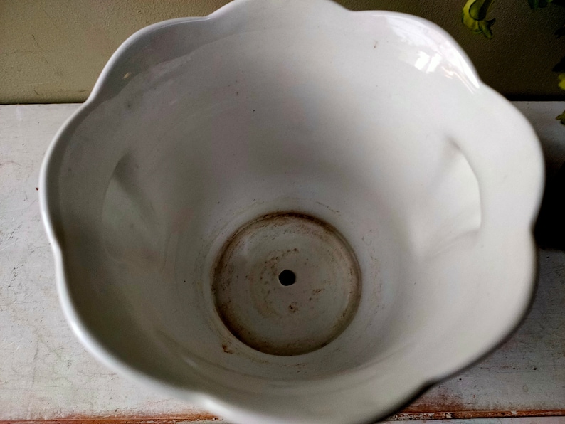 May include: White ceramic flower pot with a scalloped rim and a drainage hole in the bottom.