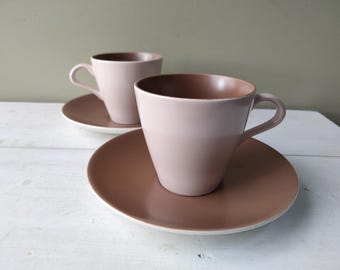 Vintage pair of 2 1950's Poole Pottery Twintone teacups and saucers. Mushroom and Sepia (C54), mid century shape, lovely gift!