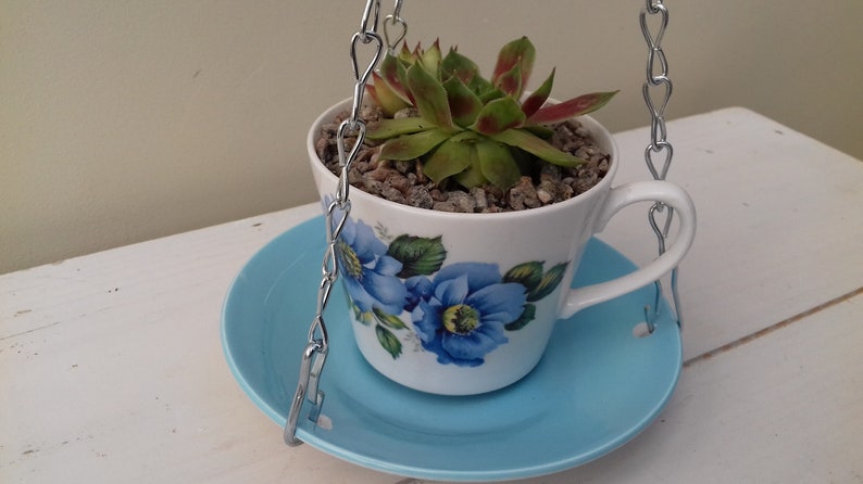 Made from vintage 60/'s tea cup and Meakin saucer Lovely ceramic indoor or outdoor tea cup hanging basketplanter