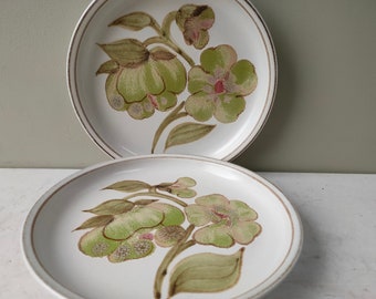 Par deslumbrante de pratos laterais/chá/bolo da Denby Stoneware em design floral &quot;Troubadour&quot; em marrom e verde ricos. Decorado à mão, presente adorável!