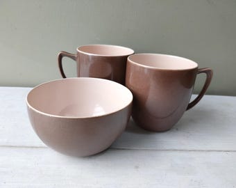 Vintage 1950's Branksome China Twin tone sugar bowl and 2 teacups.  Mocha Brown and Dusty Pink colours, mid century shape, lovely gift!