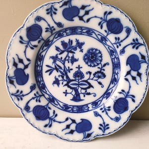 Gorgeous Antique 10&quot; Flow Blue Plate by Johnson Bros in famous Holland (Blue Onion) pattern. Moulded transferware wedding decor Lovely gift.