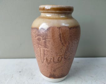 Antique 5" Virol 2 tone storage jar. Vintage kitchenalia, rustic vase or collectors piece. Lovely gift!