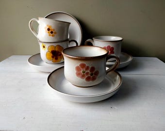 Set of 4 tea cups and saucers made from Denby Stoneware in "Minstrel" and "Gypsy" floral design in rich brown, yellow and pink. Lovely gift!