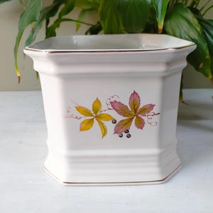 Op de afbeelding: Witte keramische plantenpot met een gouden rand en een bloemenontwerp met roze en gele bladeren en zwarte bessen.