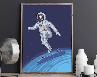Lámina de astronauta en patineta, arte espacial, decoración infantil (descarga digital)