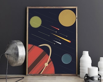 Lámina artística vintage del sistema solar, decoración de pared espacial (descarga digital)