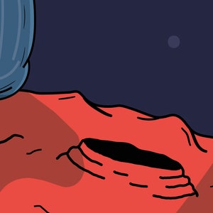 Puede incluir: Ilustraci&oacute;n de una superficie de planeta rojo con un agujero oscuro y un casco de astronauta azul en la esquina superior izquierda. Una peque&ntilde;a luna p&aacute;lida en el cielo azul oscuro. Estilo de dibujos animados.