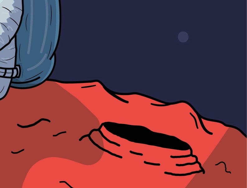 Puede incluir: Ilustraci&oacute;n de una superficie de planeta rojo con un agujero oscuro y un casco de astronauta azul en la esquina superior izquierda. Una peque&ntilde;a luna p&aacute;lida en el cielo azul oscuro. Estilo de dibujos animados.