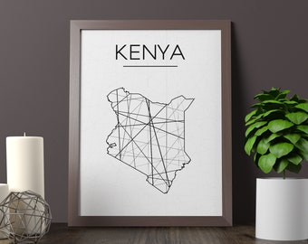Kenia Karte Kunstdruck, Geometrisches Liniendesign (JPG Printable)