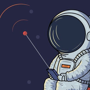 Puede incluir: Ilustraci&oacute;n de un astronauta en un traje espacial usando un tel&eacute;fono inteligente en el espacio. Fondo azul oscuro con arcos de se&ntilde;al naranja. El astronauta est&aacute; conectado a un punto rojo a trav&eacute;s del tel&eacute;fono.