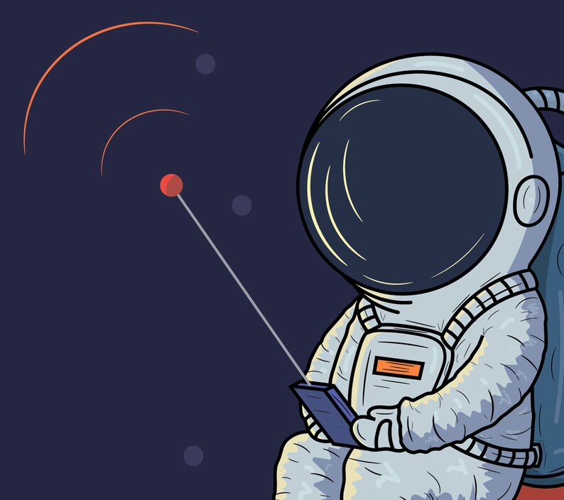 Puede incluir: Ilustraci&oacute;n de un astronauta en un traje espacial usando un tel&eacute;fono inteligente en el espacio. Fondo azul oscuro con arcos de se&ntilde;al naranja. El astronauta est&aacute; conectado a un punto rojo a trav&eacute;s del tel&eacute;fono.
