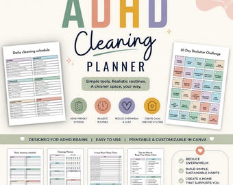 ADHS Reinigungsplaner, Canva Vorlage, druckbare Reinigungscheckliste, bearbeitbarer Reinigungsplan, digitaler Download