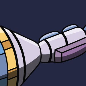 Puede incluir: Ilustraci&oacute;n de dibujos animados de una nave espacial en el espacio. La nave espacial es principalmente blanca, con detalles azules, amarillos y morados. El fondo es azul oscuro y se ve una peque&ntilde;a esfera clara.