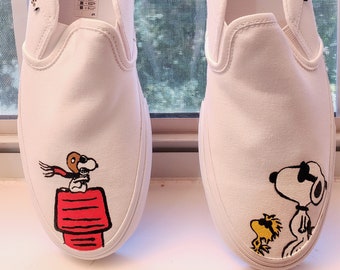 Hand Painted Snoopy Slip on Vans Style Custom Shoes (US men's sizes) (Peanuts, Charlie Brown, Woodstock)