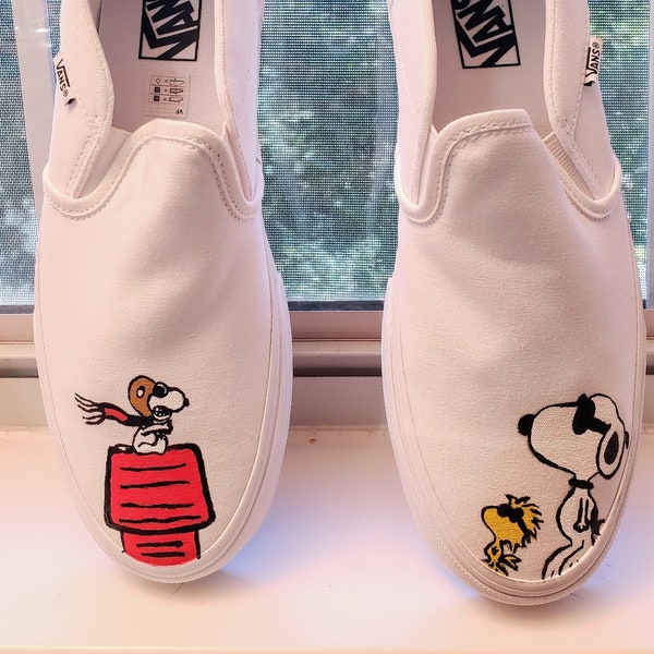 Hand Painted Snoopy Slip on Vans Style Custom Shoes (women's sizing) (Peanuts, Charlie Brown, Woodstock)