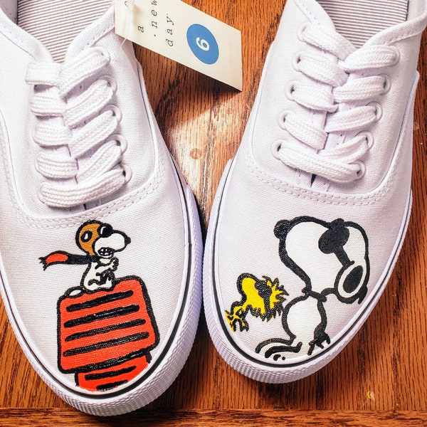 Hand Painted Snoopy Vans Style Custom Shoes (Peanuts, Charlie Brown, Woodstock) (women's sizing)