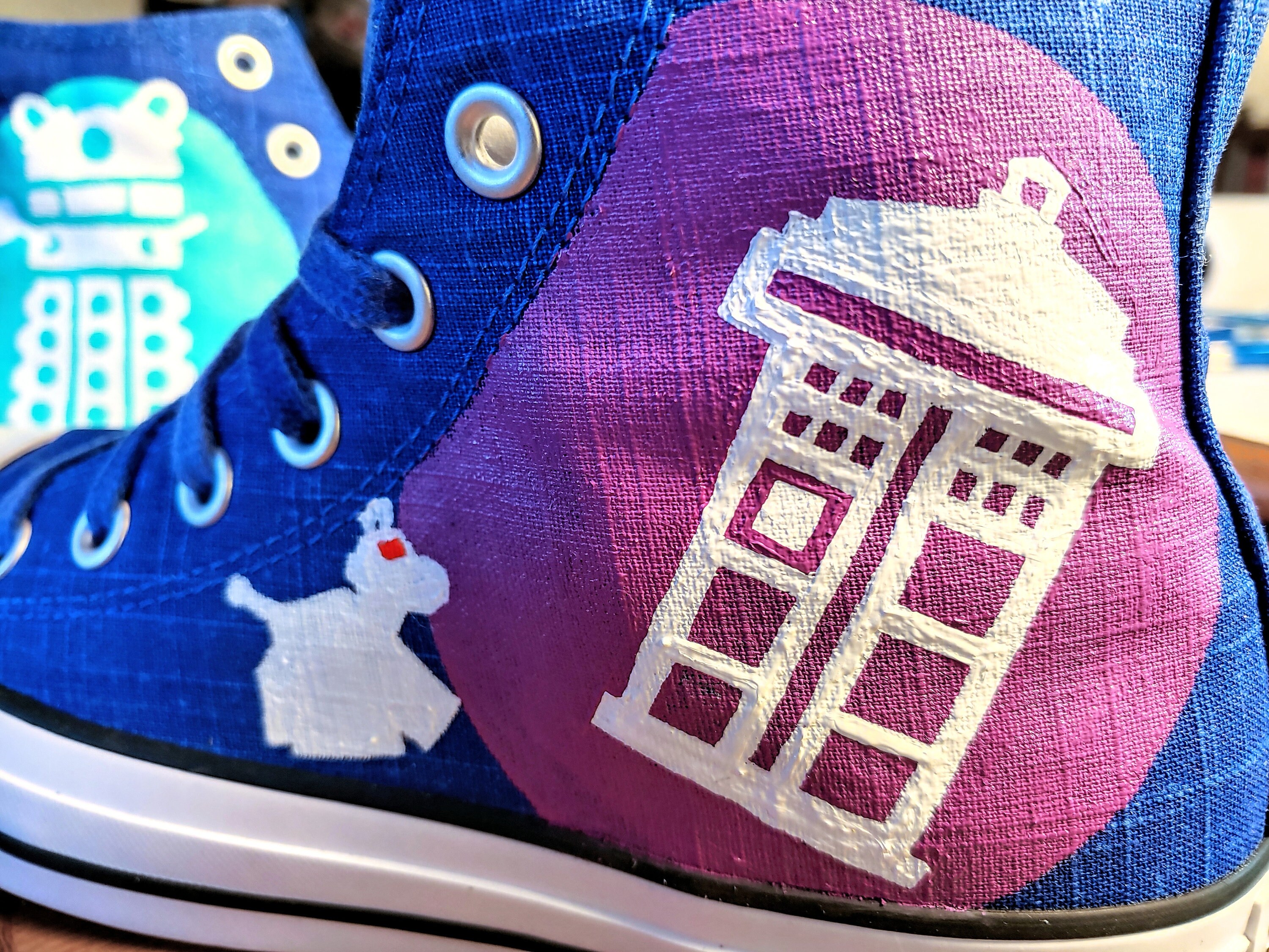 Hand Painted Doctor Who Converse High Tops, Custom Shoes tardis, Dalek, and K9 A Fantastic